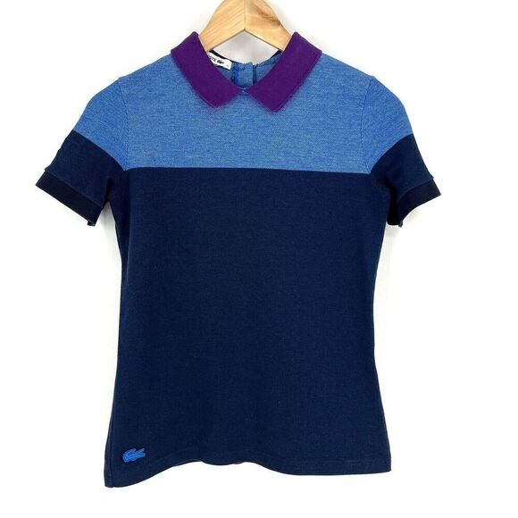 Lacoste Shirt Size 34 Women XS Navy Blue Purple Color Block Button Back Pullover - Picture 1 of 7